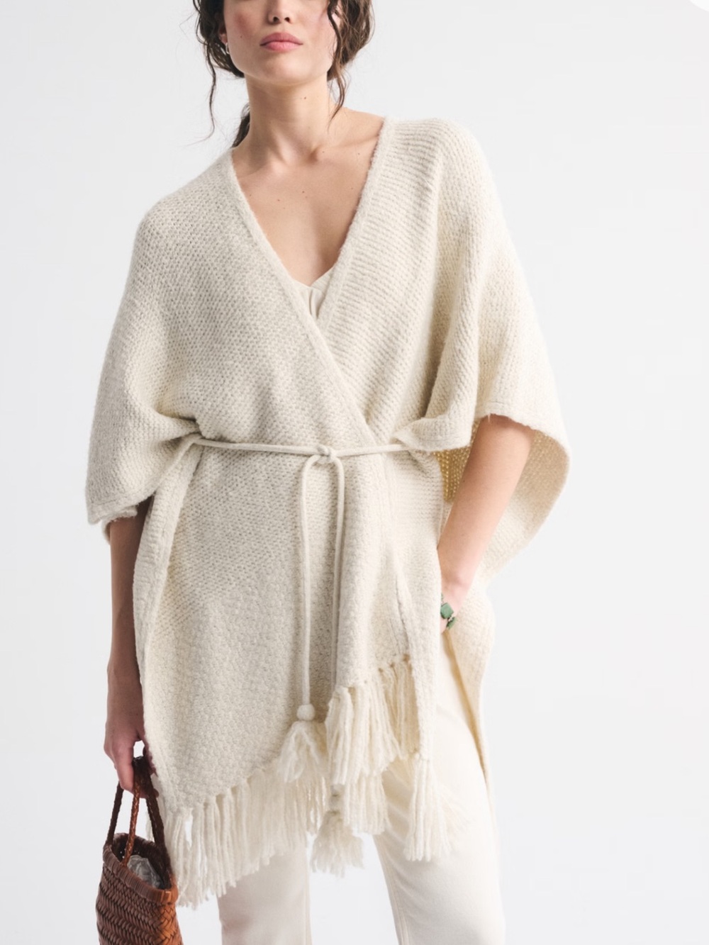 Abercrombie & Fitch Cream Fringe-Belted Poncho